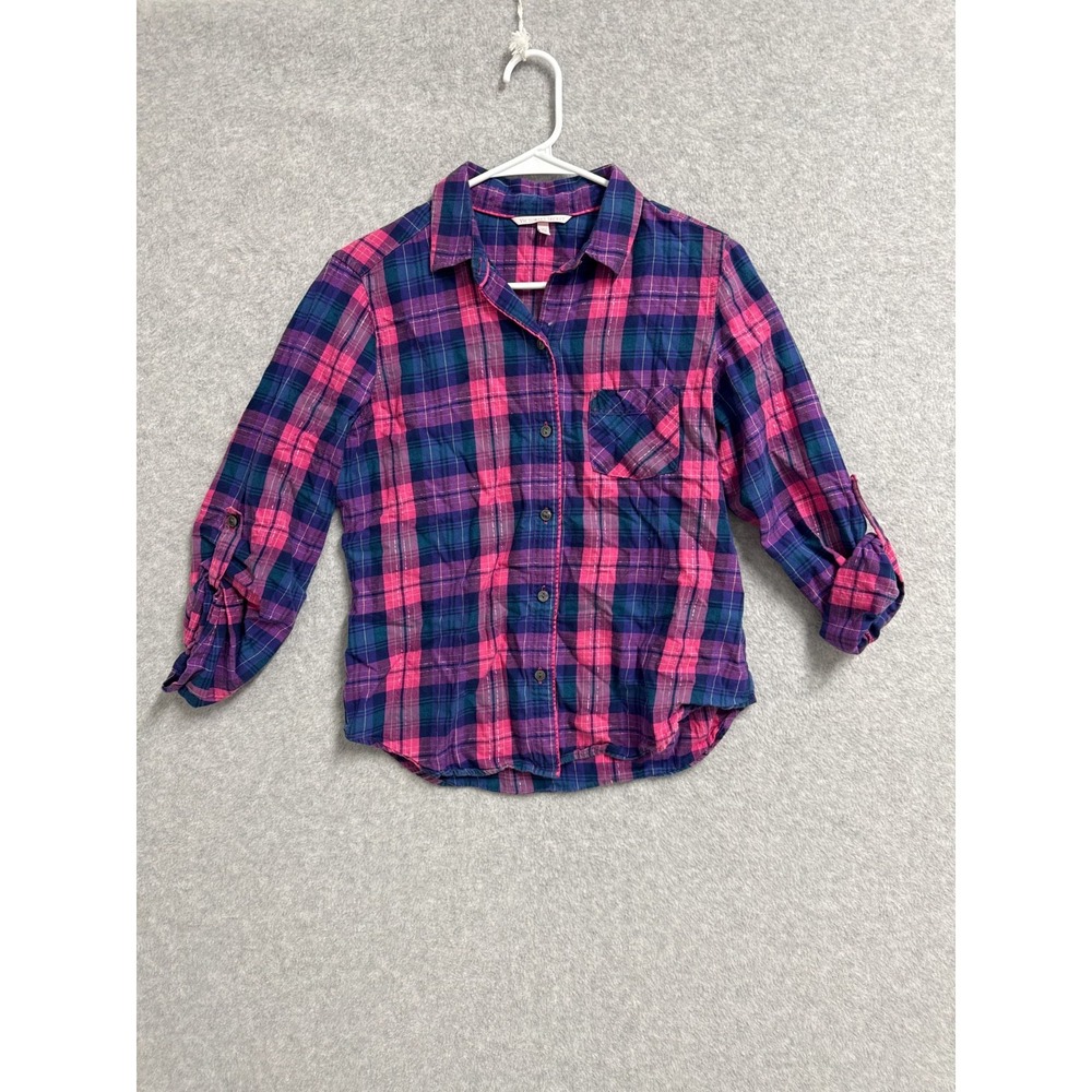 Victoria's Secret Flannel Dress Shirt Womens XS Multicolor Plaid Rolltabe Sleeve